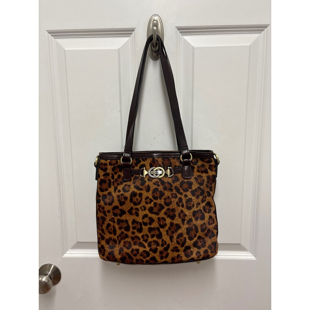 Patricia Nash Leopard Calf Hair Leather Shoulder Bag Brown Mixed Metal Tote